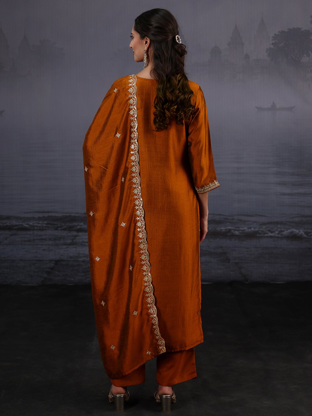 Festive Rust Embroidered Silk Blend Kurta Set with Dupatta