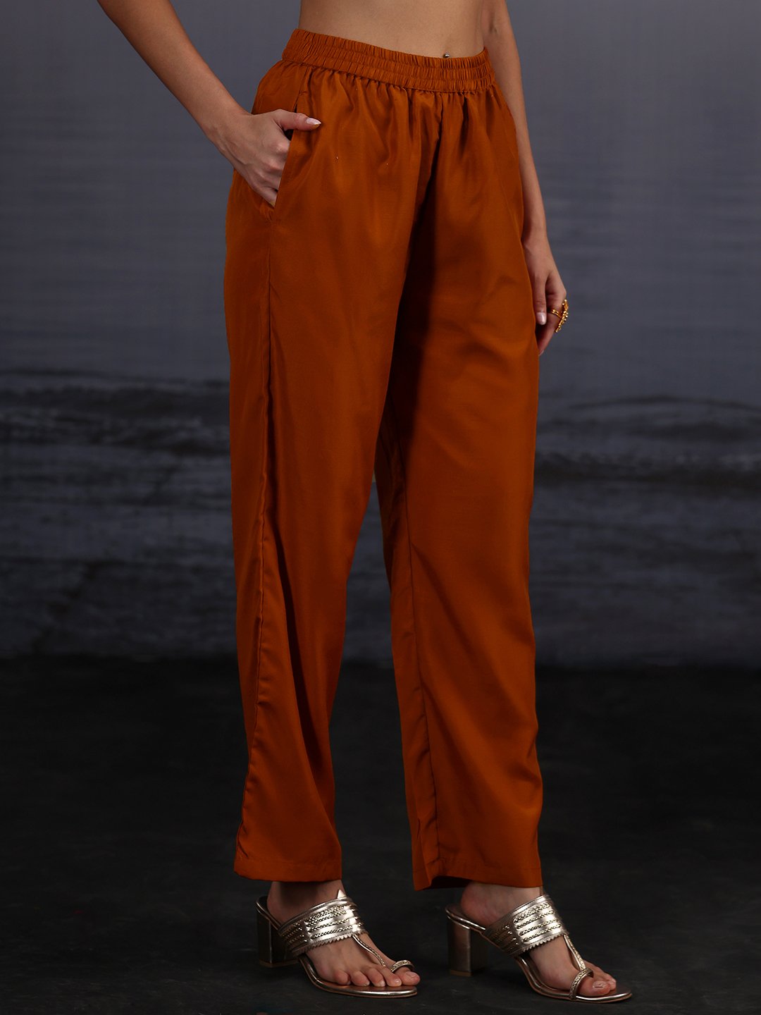 Festive Rust Embroidered Silk Blend Kurta Set with Dupatta