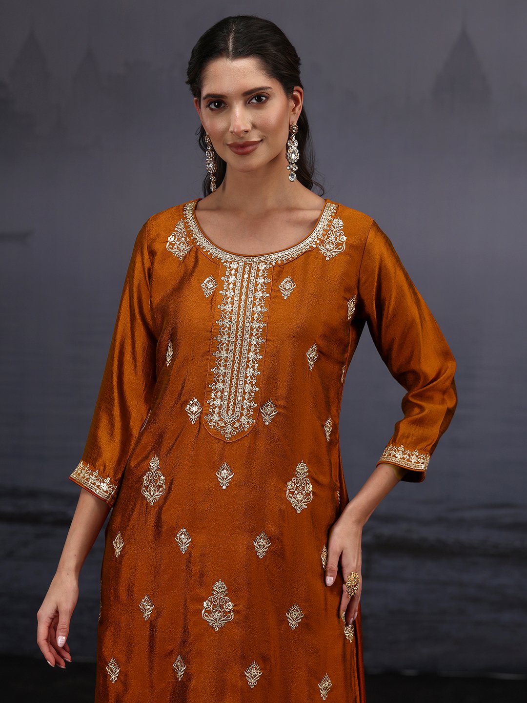 Festive Rust Embroidered Silk Blend Kurta Set with Dupatta