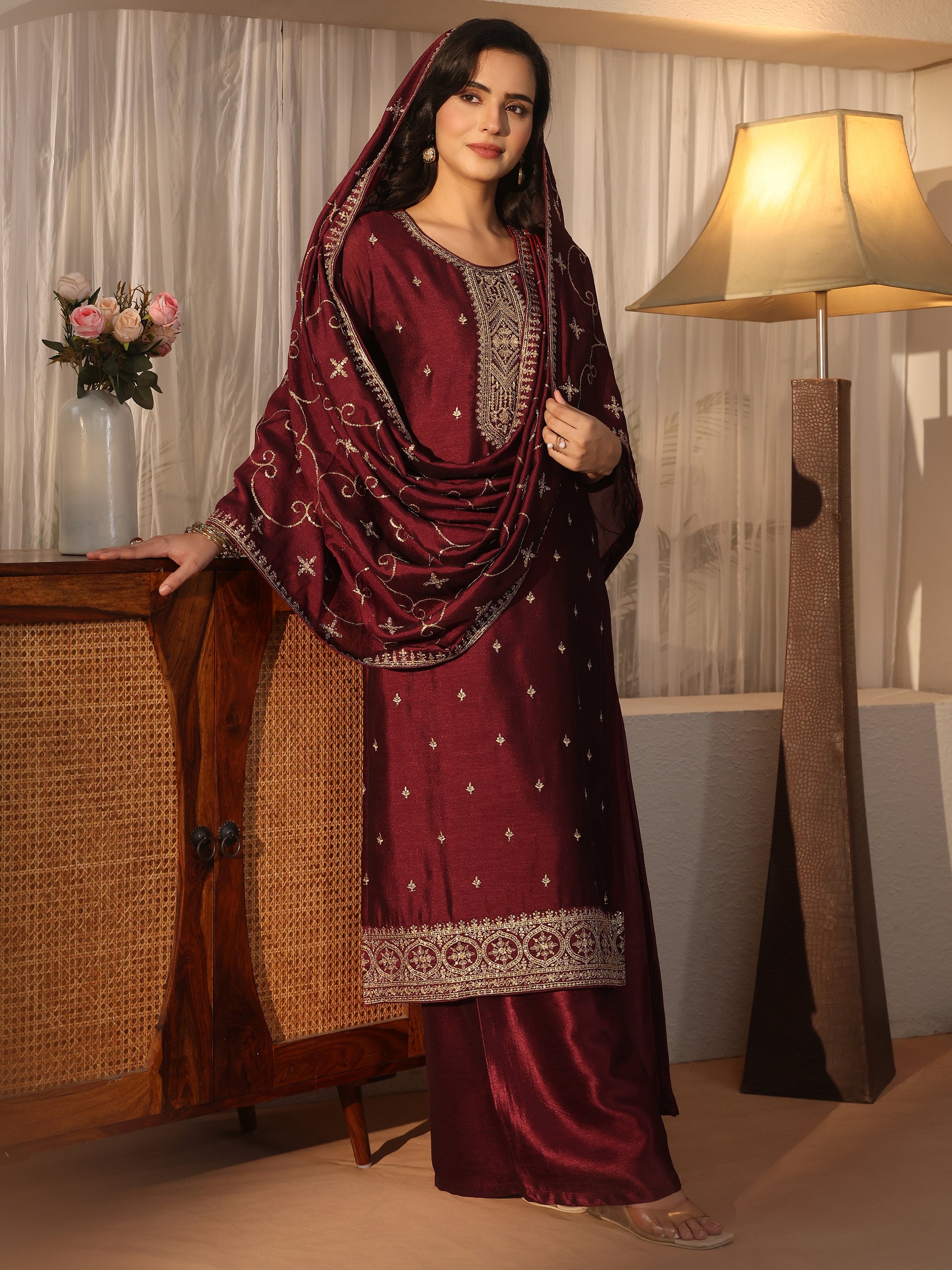 Maroon Embroidered Silk Blend Kurta Set with Dupatta
