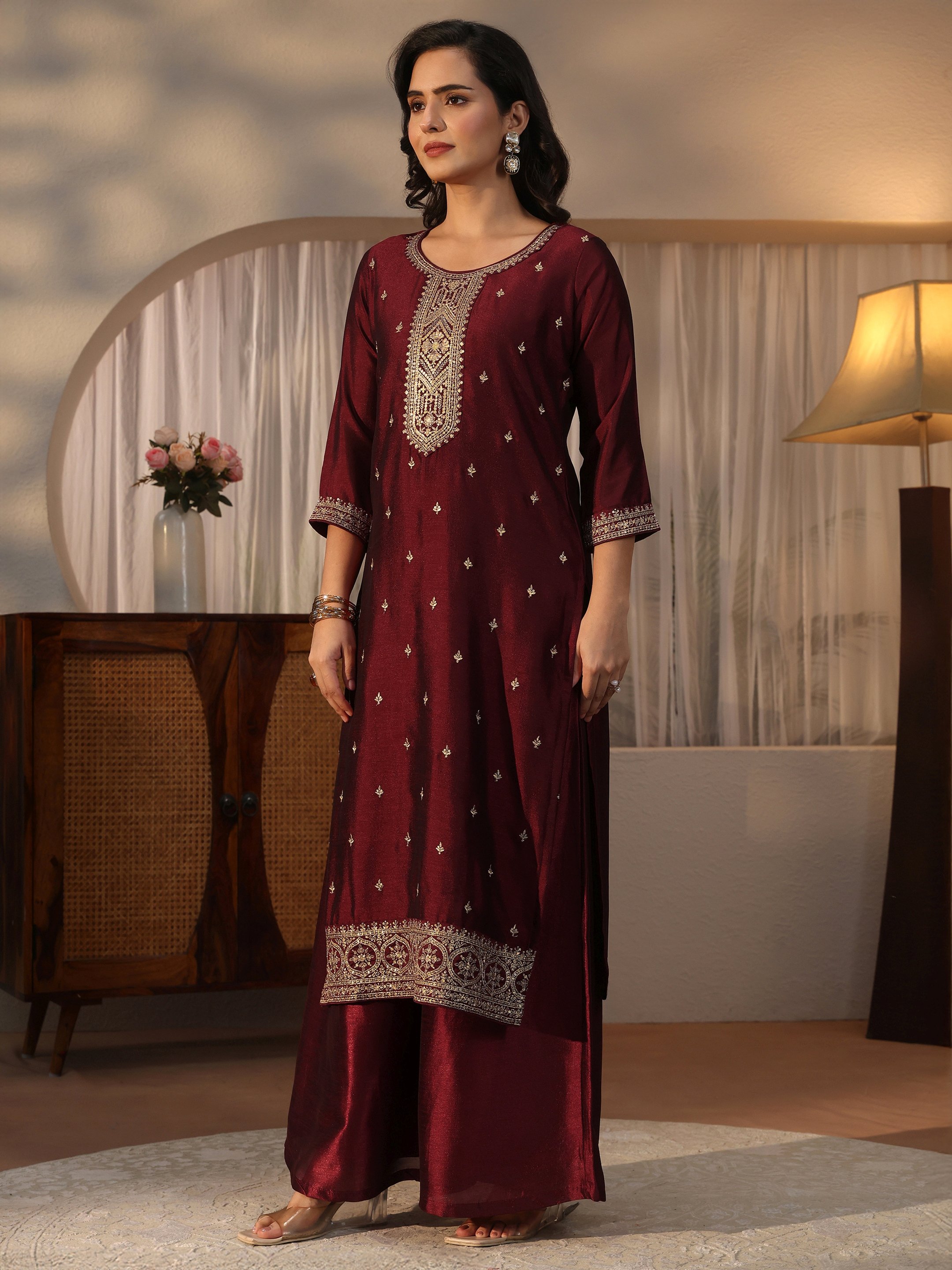 Maroon Embroidered Silk Blend Kurta Set with Dupatta