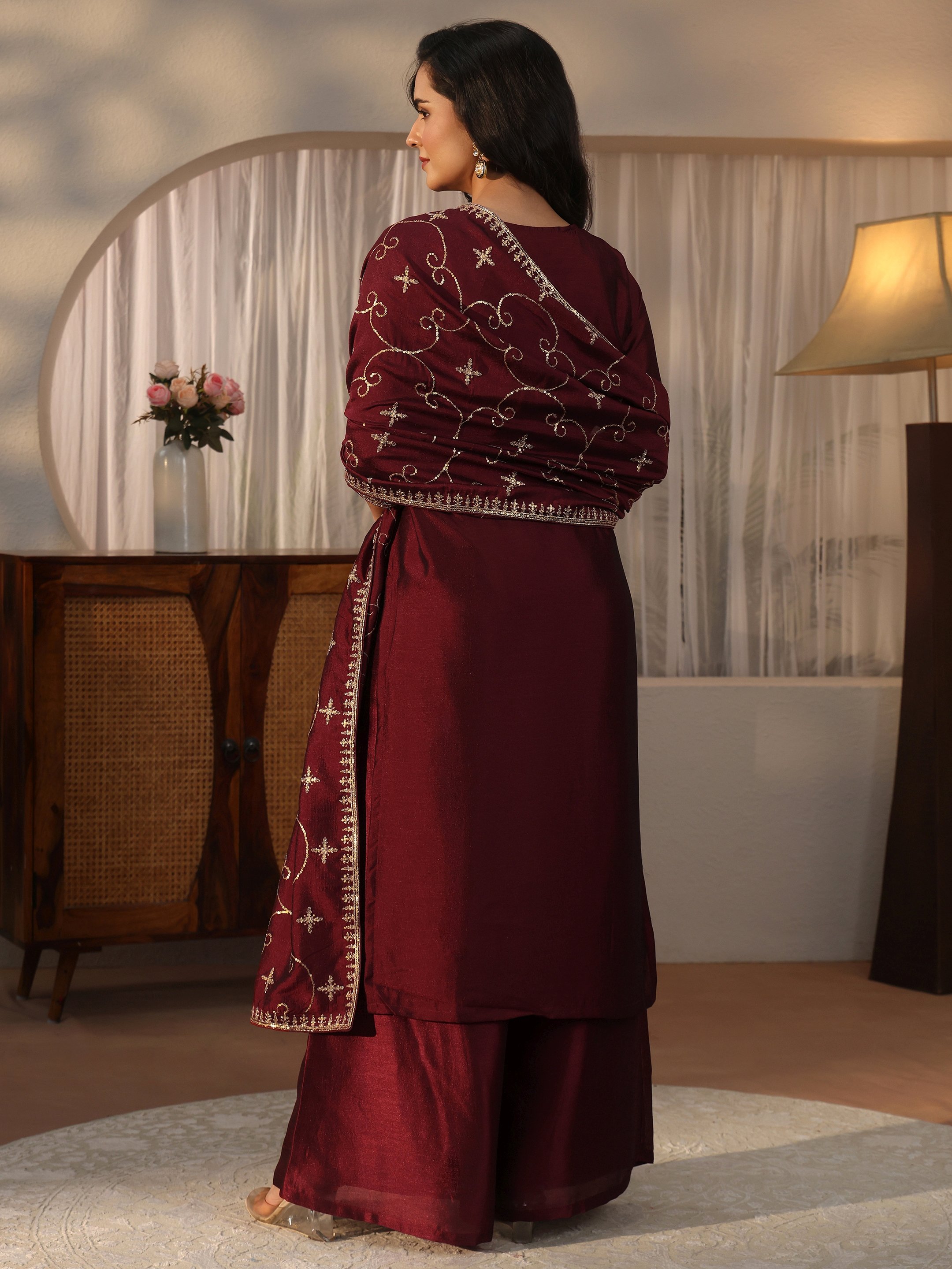 Maroon Embroidered Silk Blend Kurta Set with Dupatta