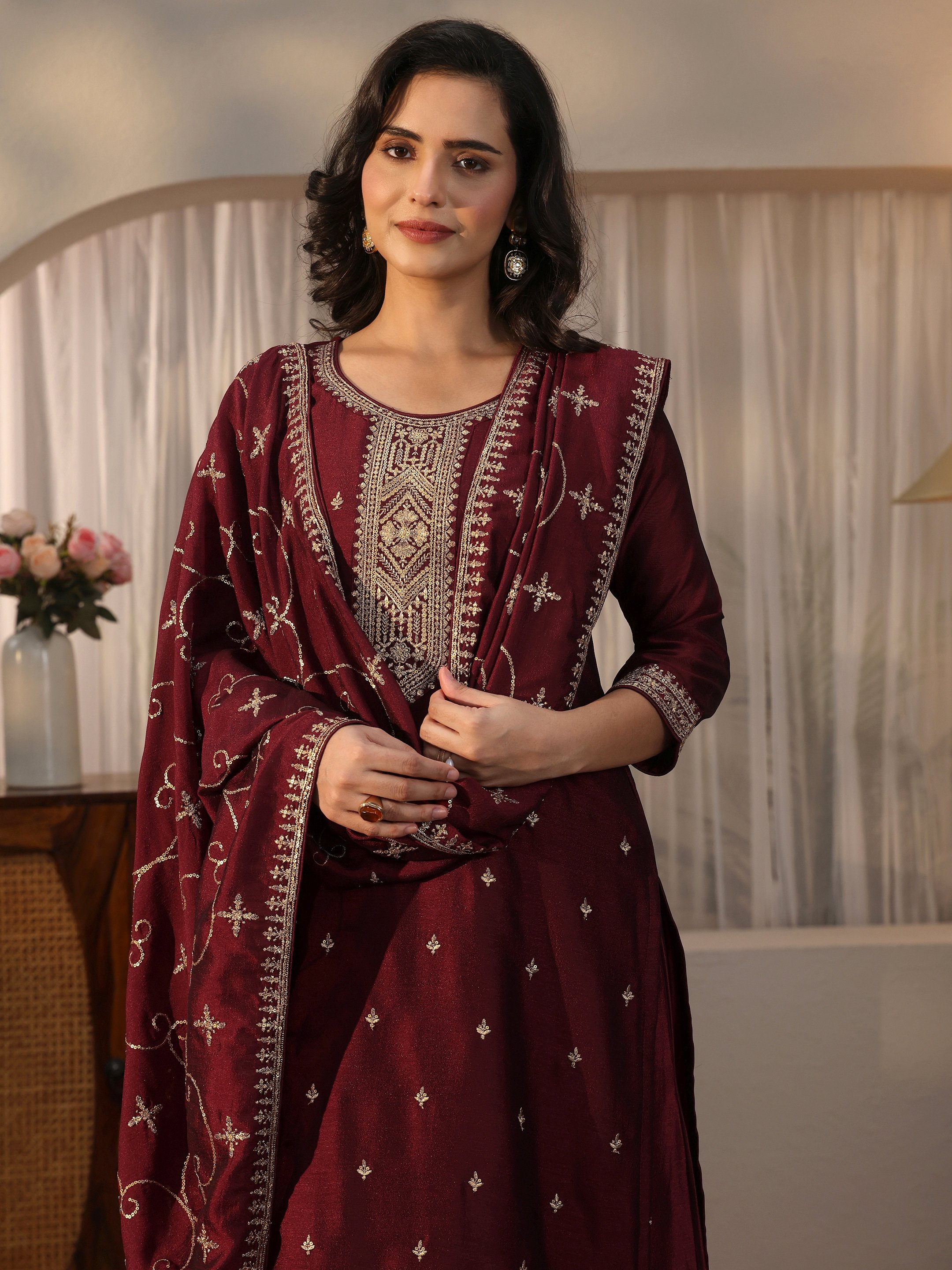 Maroon Embroidered Silk Blend Kurta Set with Dupatta