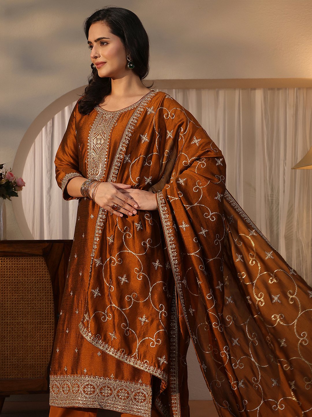 Rust Embroidered Silk Blend Kurta Set with Dupatta