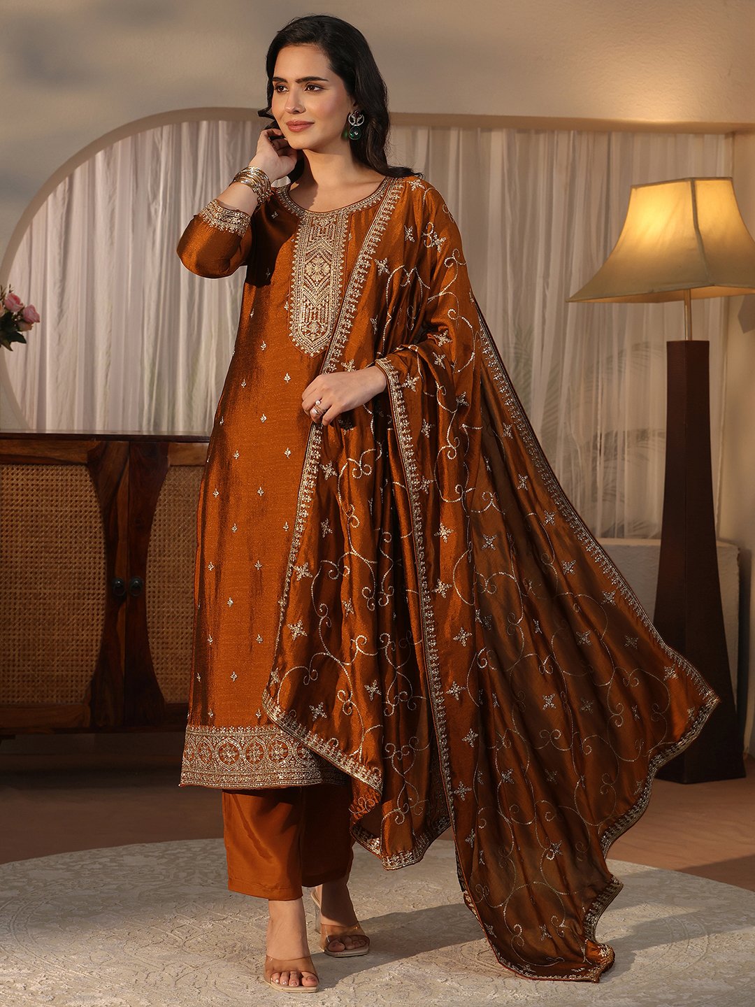 Rust Embroidered Silk Blend Kurta Set with Dupatta