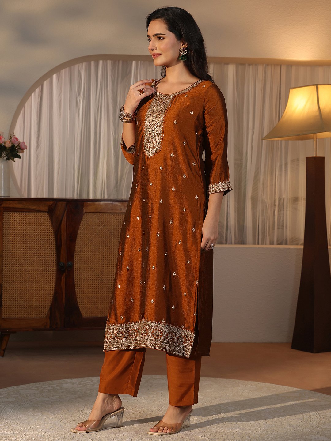 Rust Embroidered Silk Blend Kurta Set with Dupatta