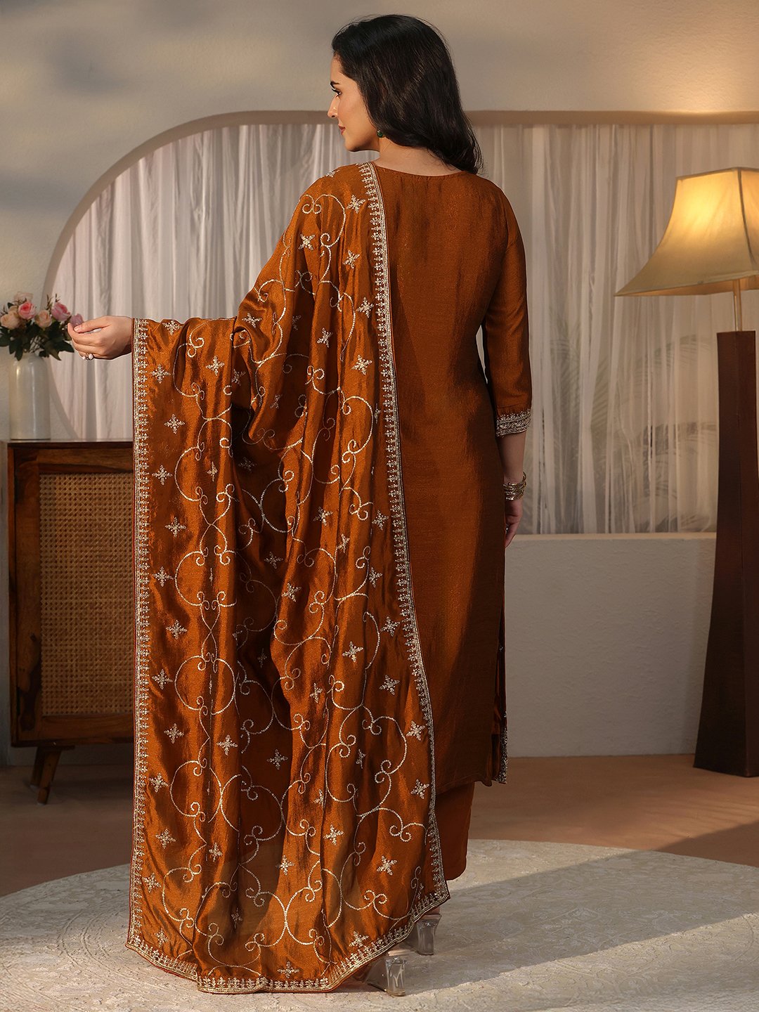 Rust Embroidered Silk Blend Kurta Set with Dupatta
