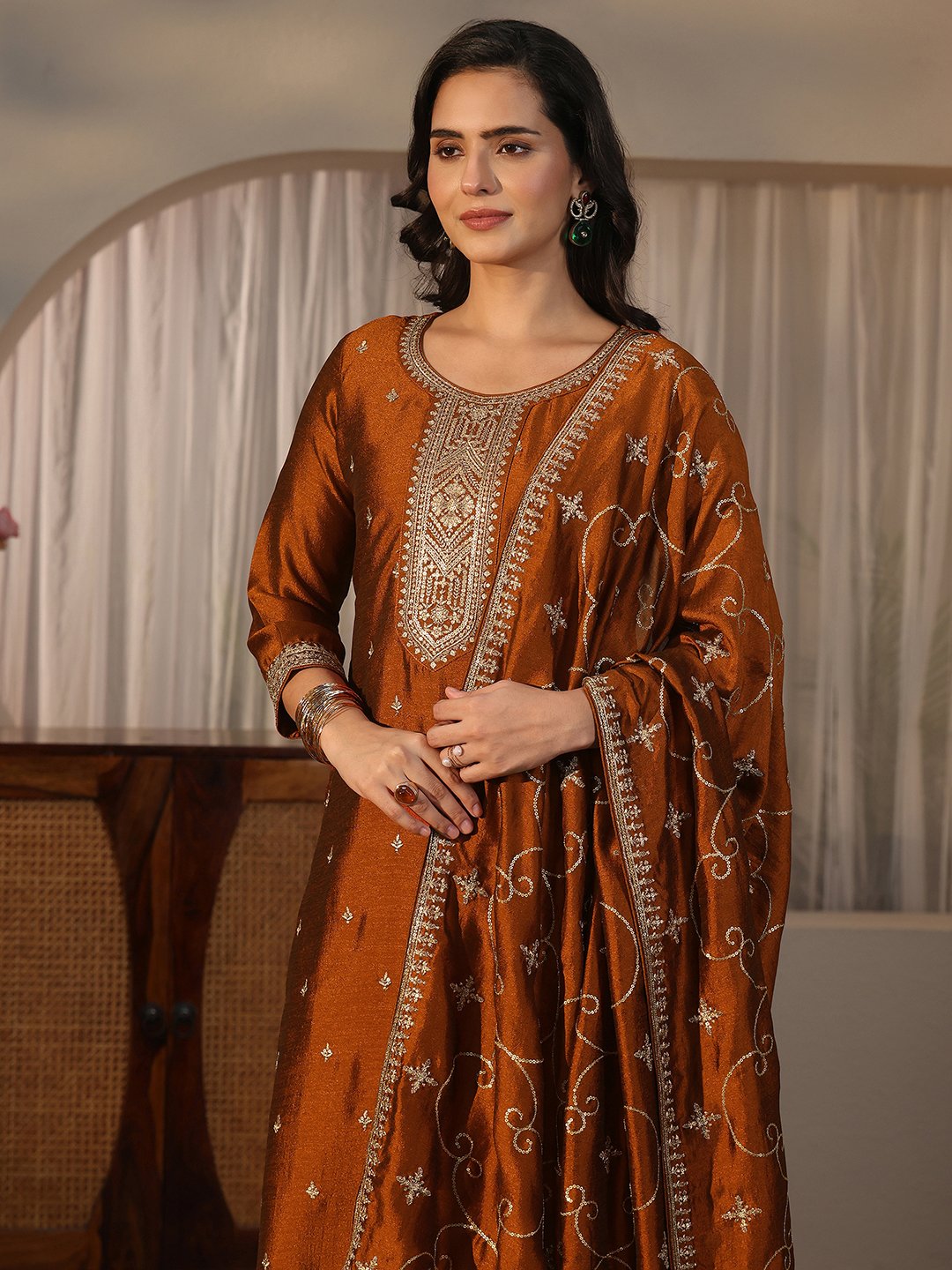 Rust Embroidered Silk Blend Kurta Set with Dupatta