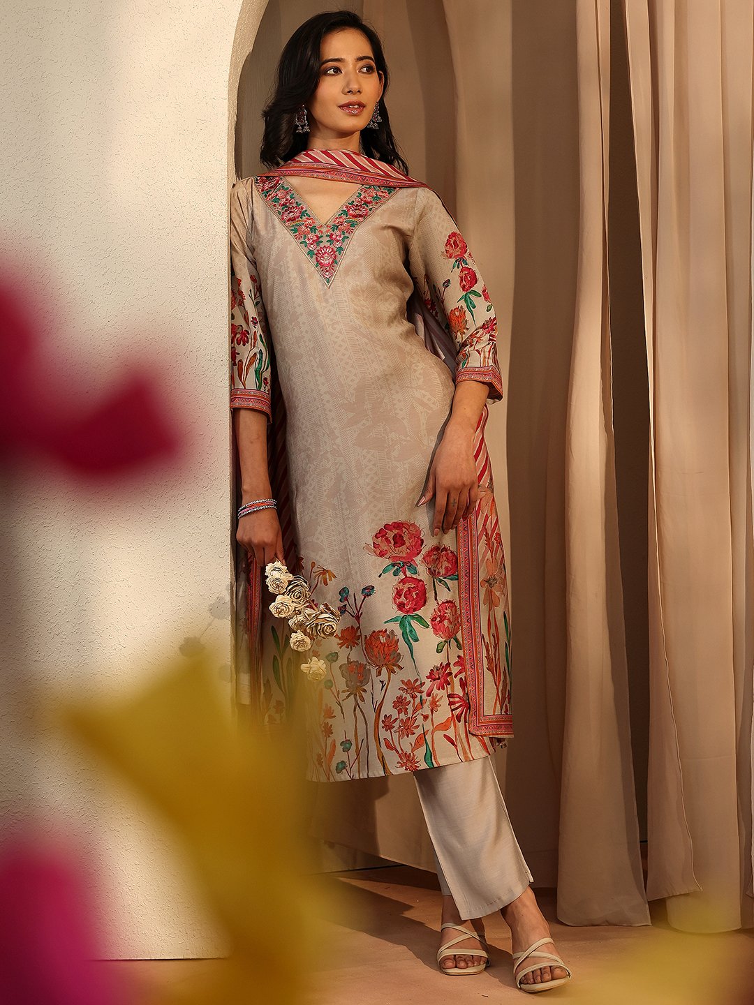 Beige Floral Silk Blend Kurta Set with Dupatta and Trousers