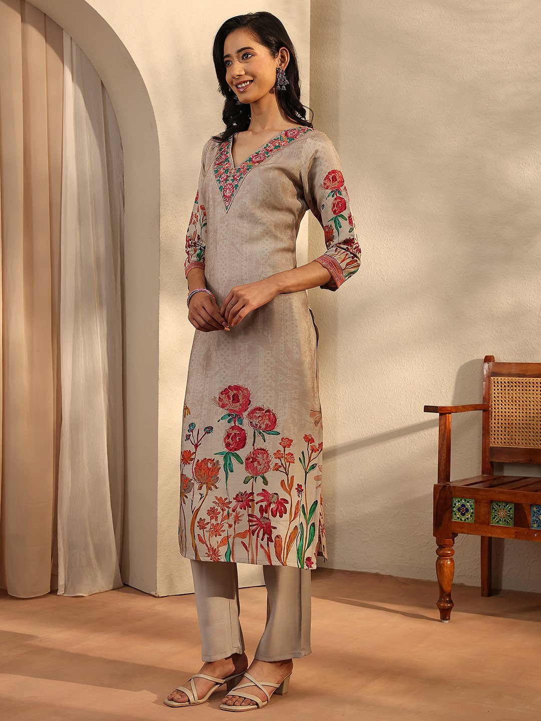Beige Floral Silk Blend Kurta Set with Dupatta and Trousers