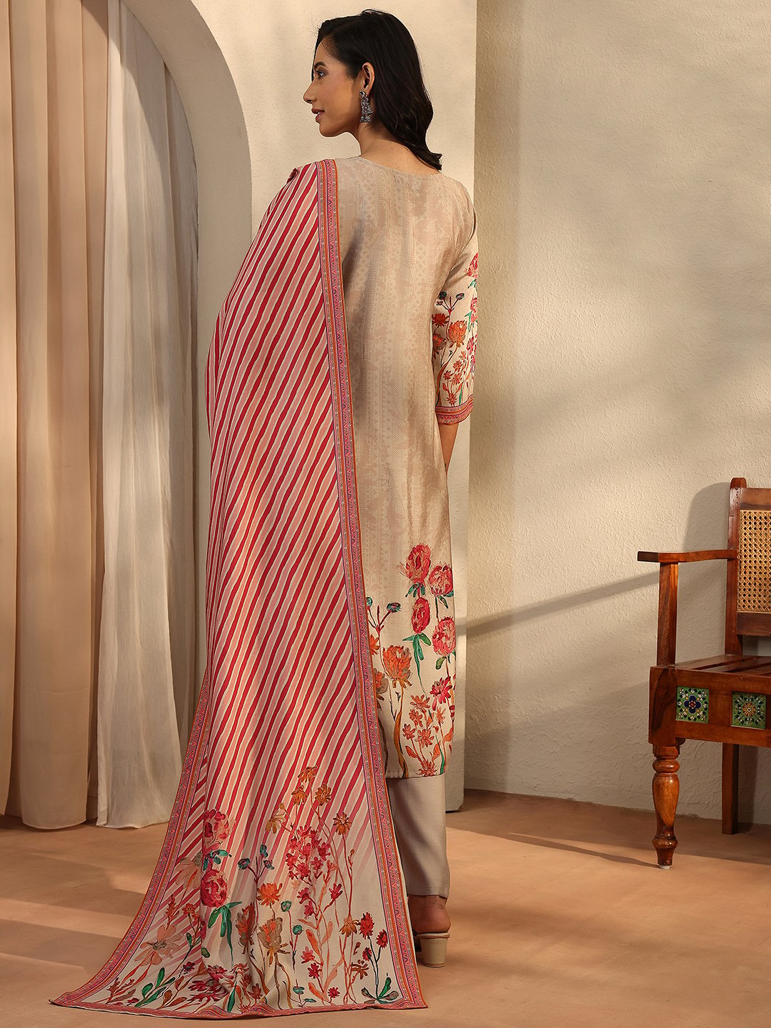 Beige Floral Silk Blend Kurta Set with Dupatta and Trousers