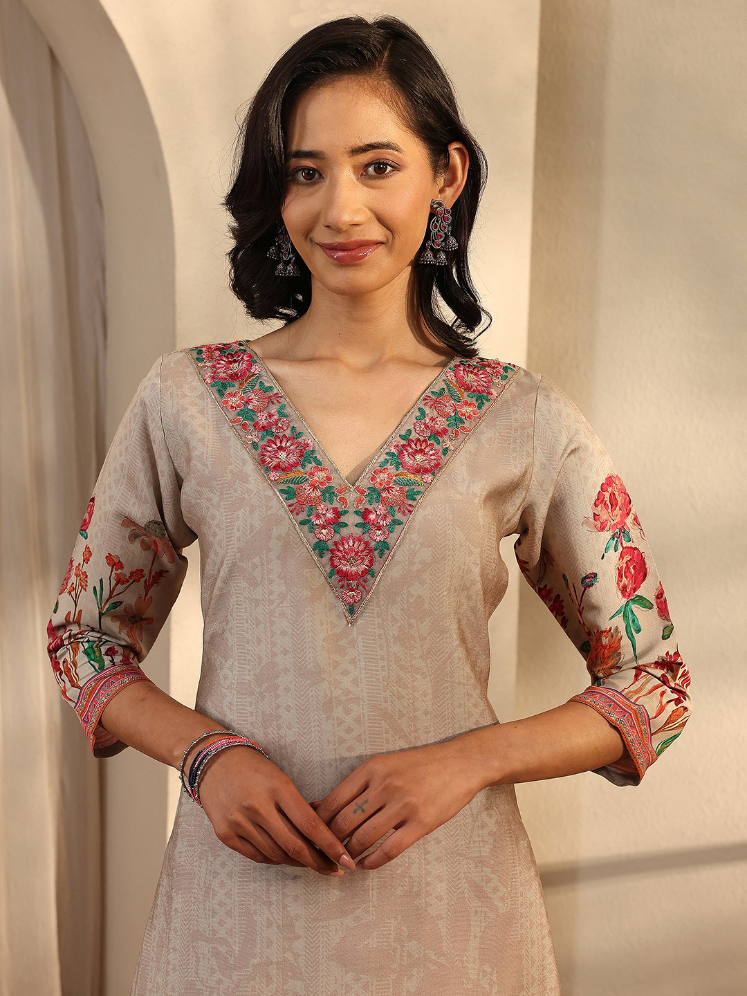 Beige Floral Silk Blend Kurta Set with Dupatta and Trousers