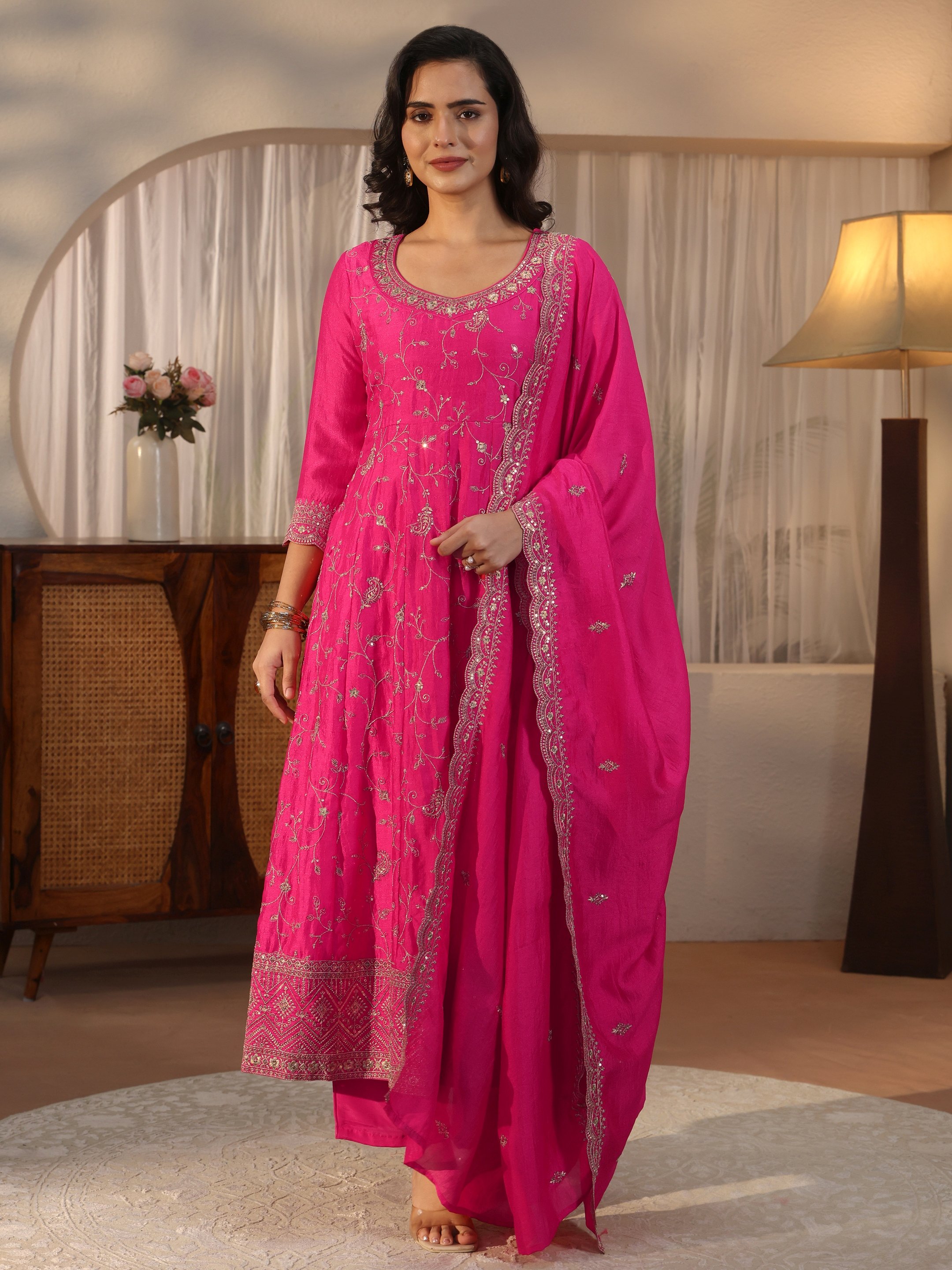 Pink Embroidered Anarkali Kurta Set with Straight Pants and Dupatta