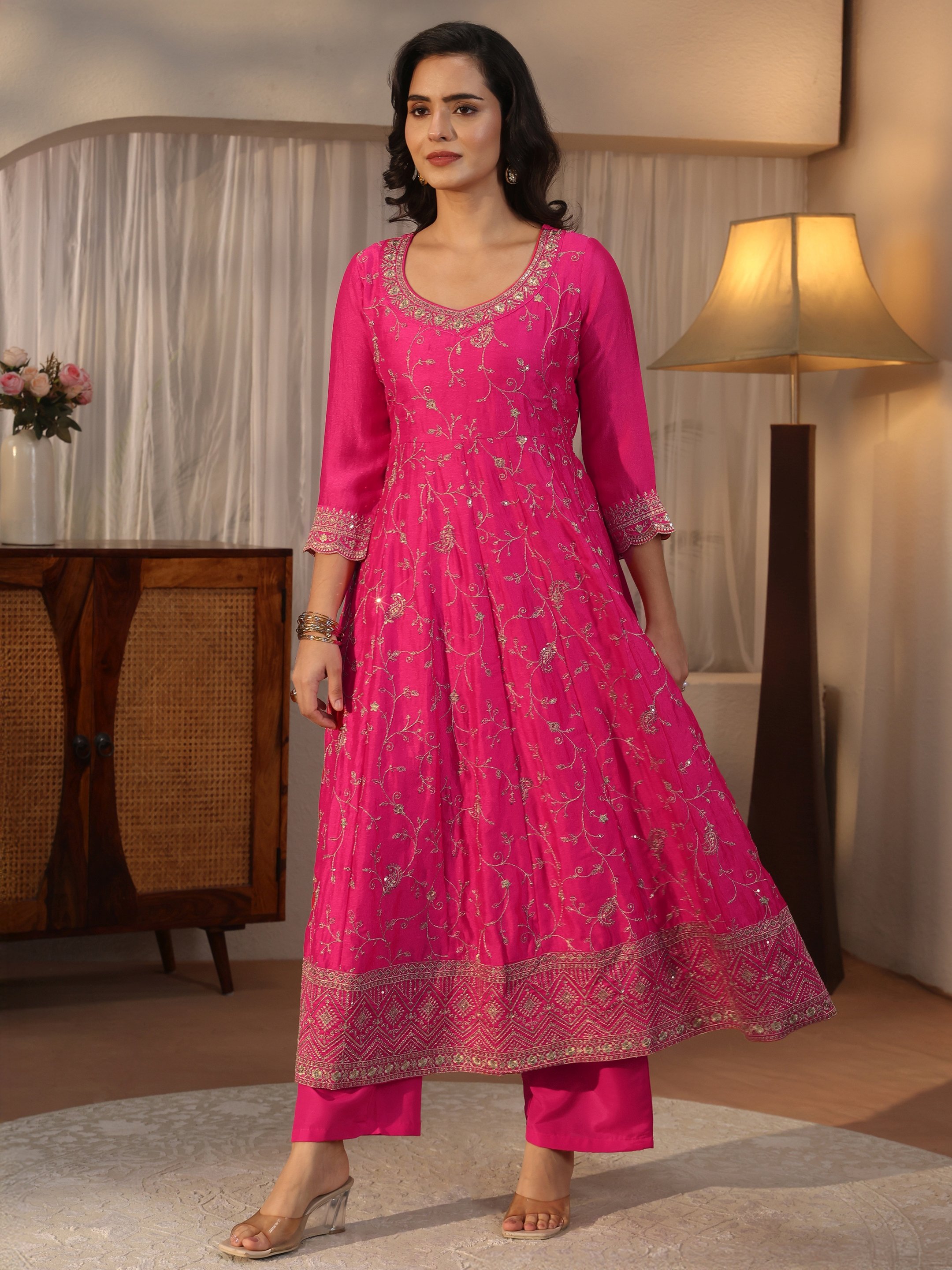 Pink Embroidered Anarkali Kurta Set with Straight Pants and Dupatta