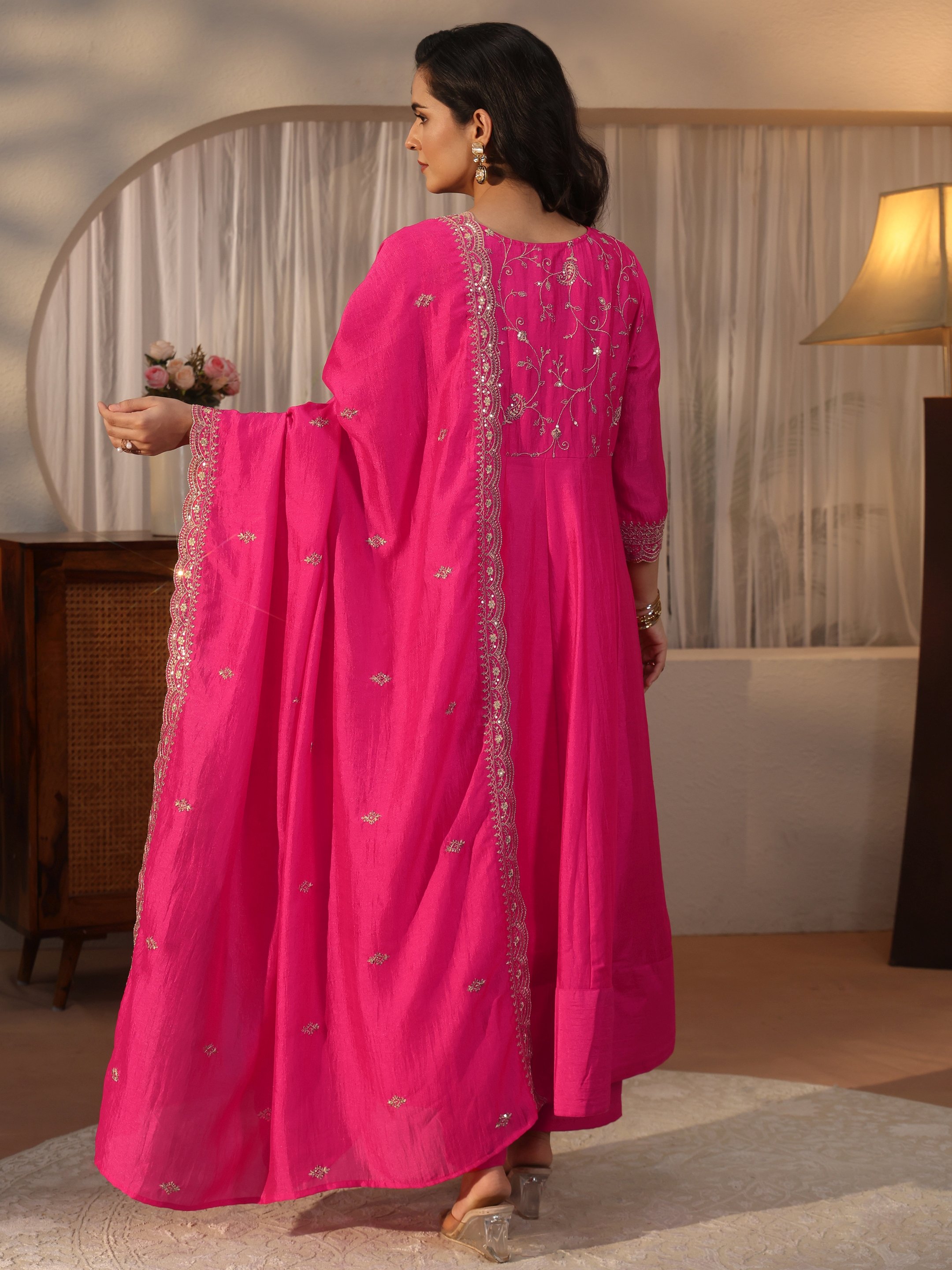 Pink Embroidered Anarkali Kurta Set with Straight Pants and Dupatta