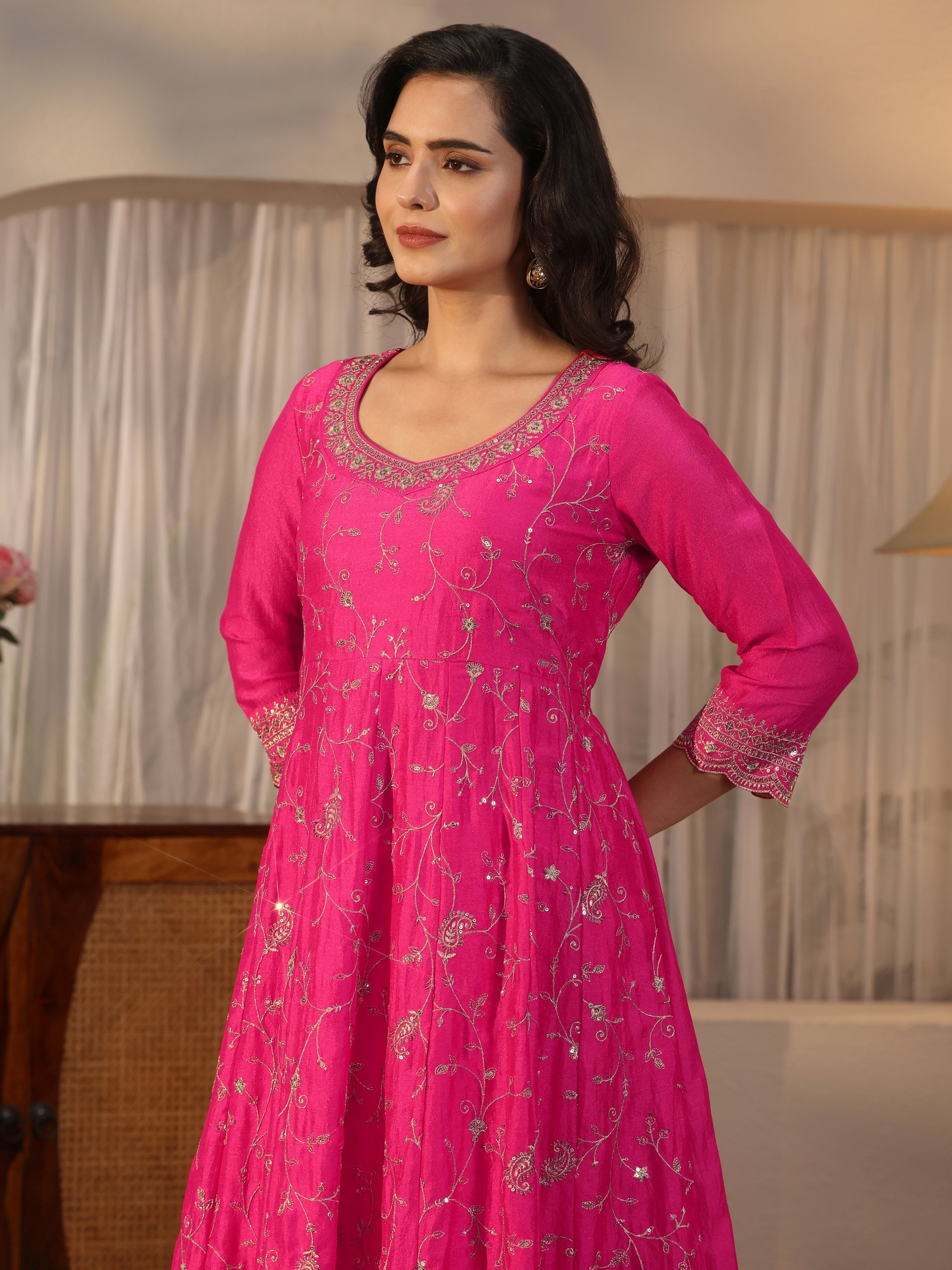 Pink Embroidered Anarkali Kurta Set with Straight Pants and Dupatta