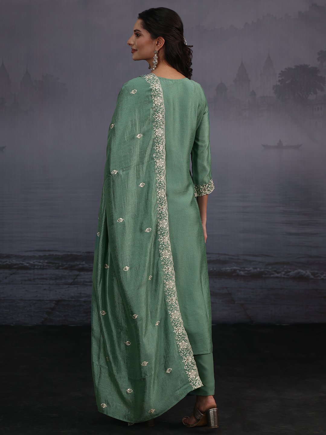 Green Embroidered Kurta Pants Dupatta Set