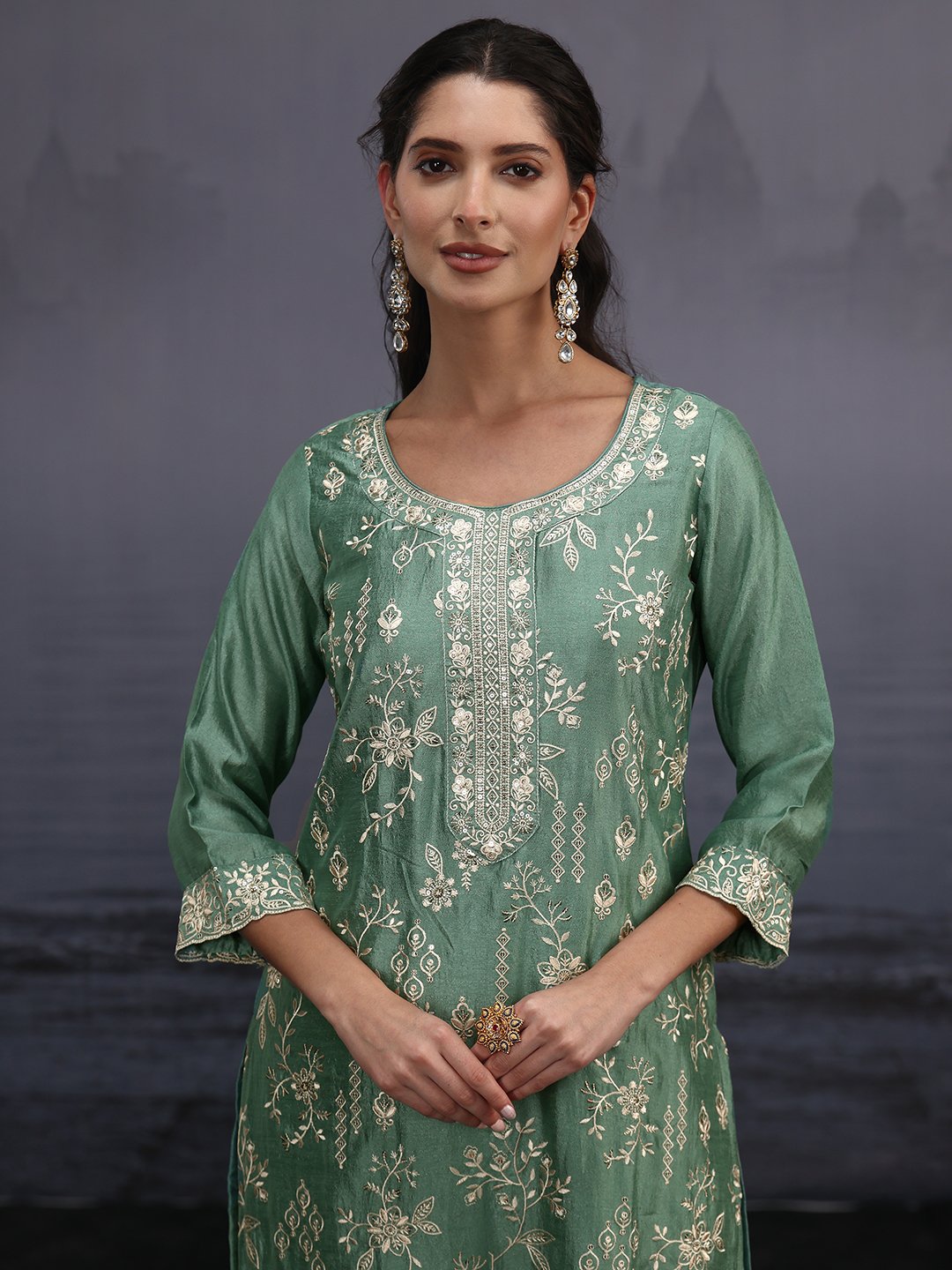 Green Embroidered Kurta Pants Dupatta Set