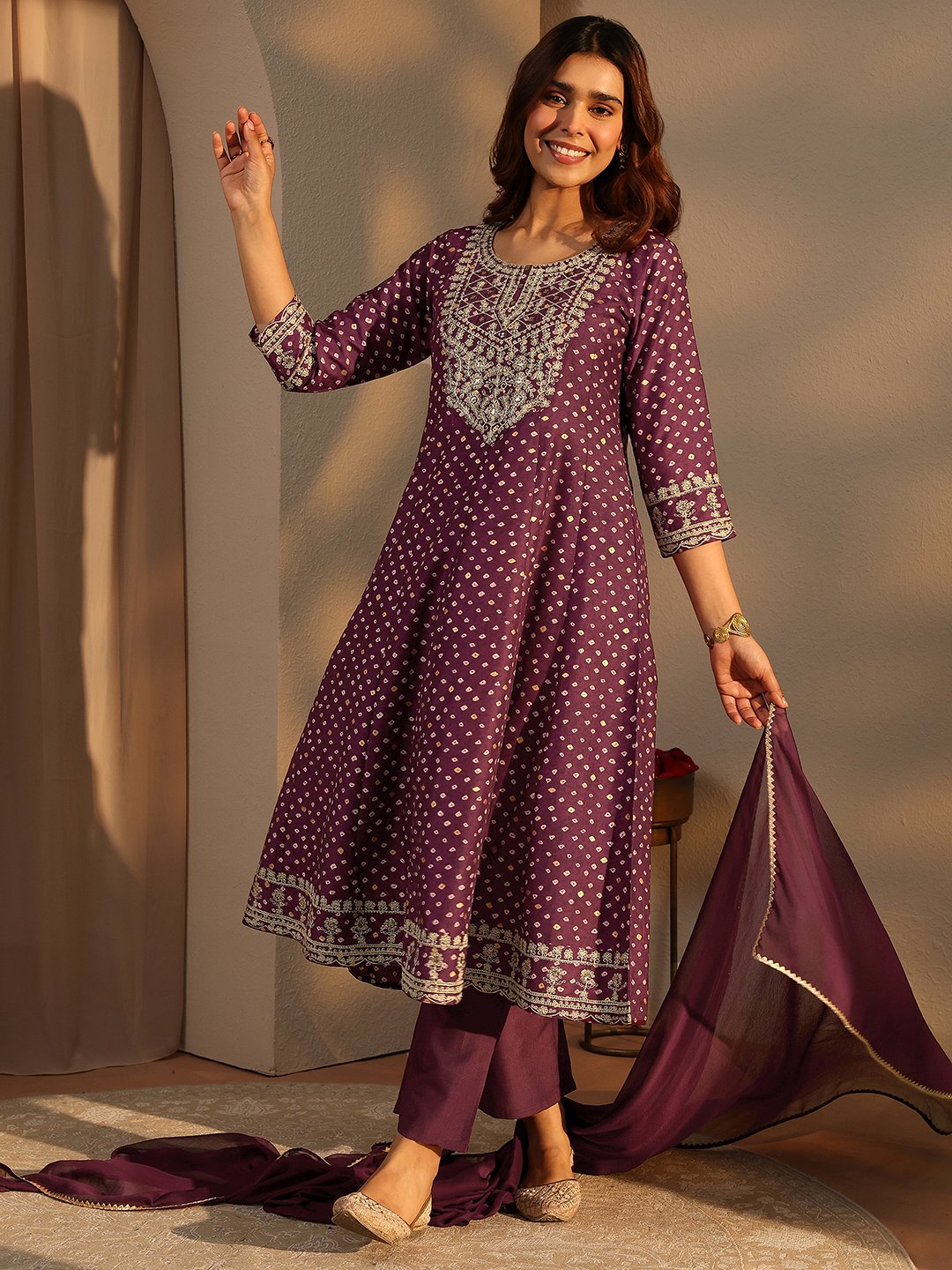 Burgundy Printed Silk Blend A-Line Kurta Set with Trousers and Dupatta