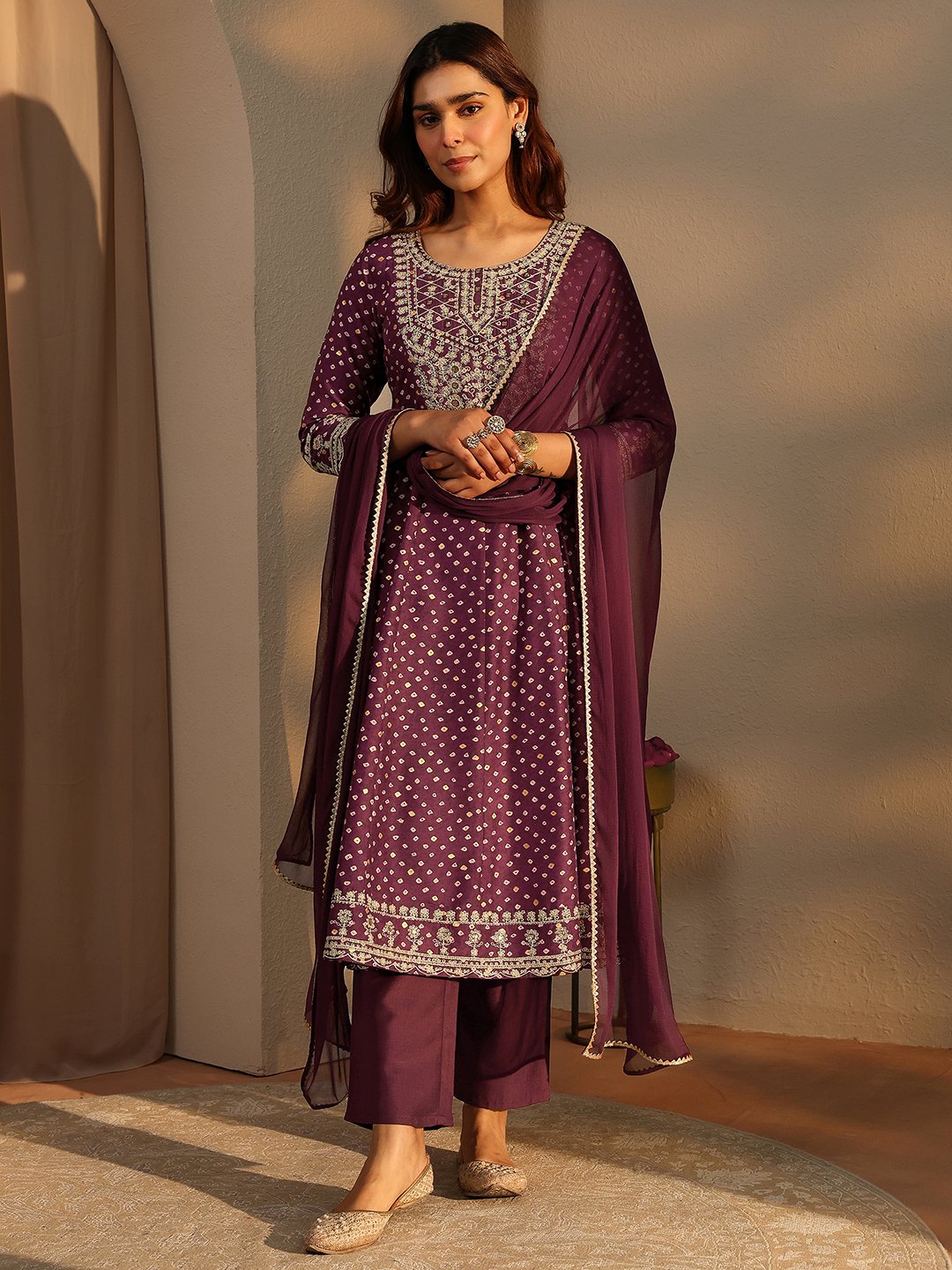 Burgundy Printed Silk Blend A-Line Kurta Set with Trousers and Dupatta