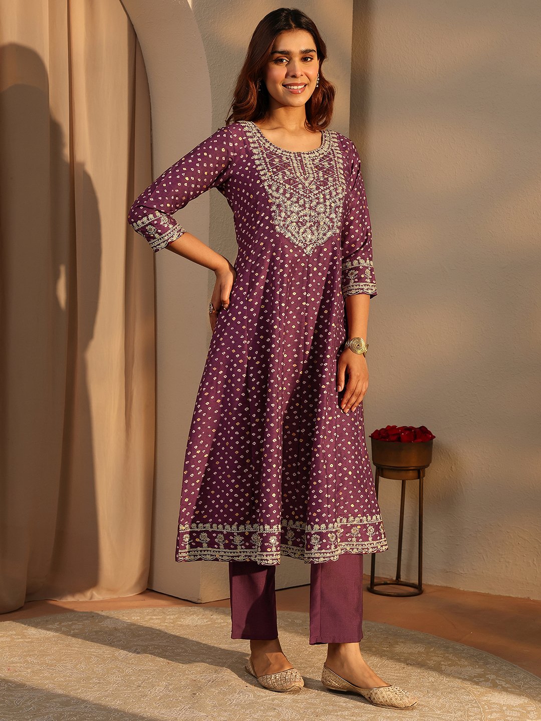 Burgundy Printed Silk Blend A-Line Kurta Set with Trousers and Dupatta