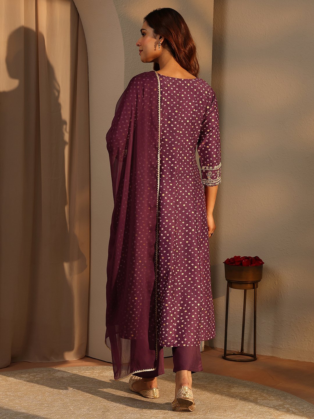 Burgundy Printed Silk Blend A-Line Kurta Set with Trousers and Dupatta