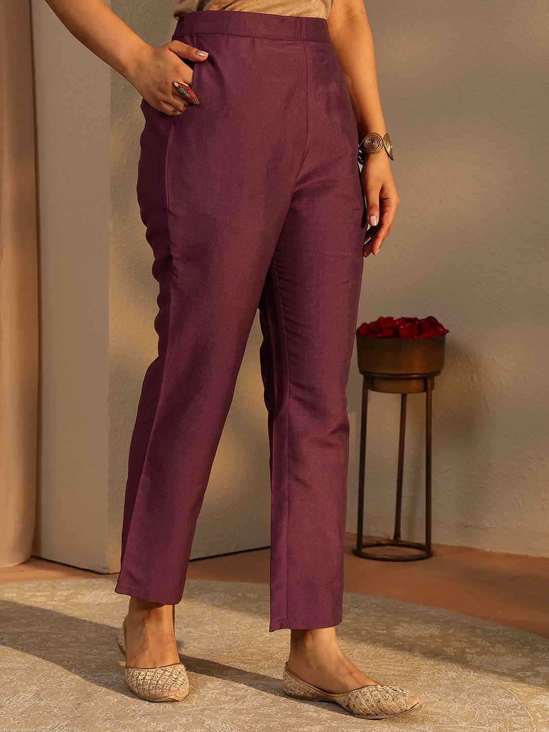 Burgundy Printed Silk Blend A-Line Kurta Set with Trousers and Dupatta