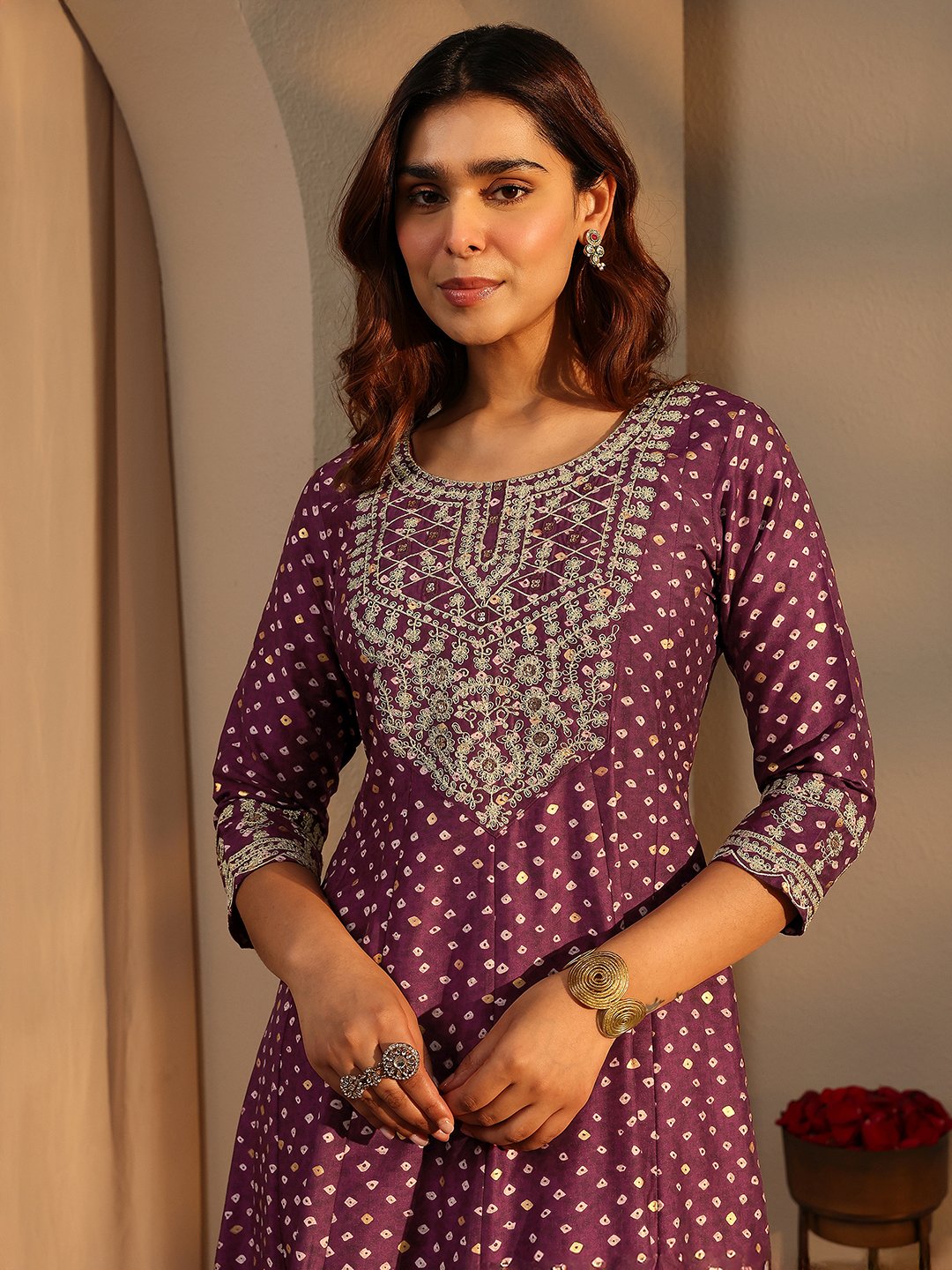 Burgundy Printed Silk Blend A-Line Kurta Set with Trousers and Dupatta