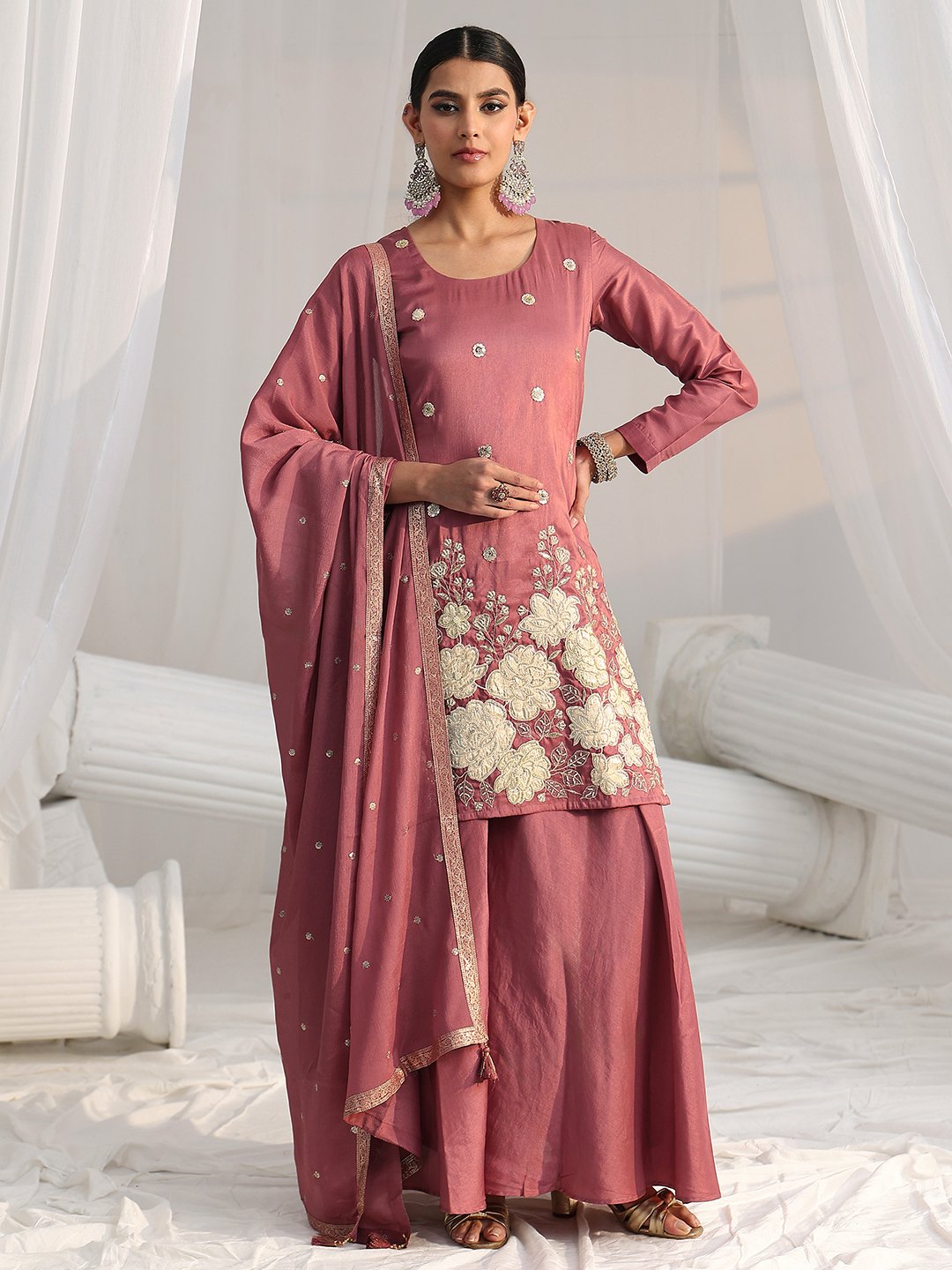 Pink Embroidered Silk Blend Sharara Set with Long Sleeve Kurta and Dupatta