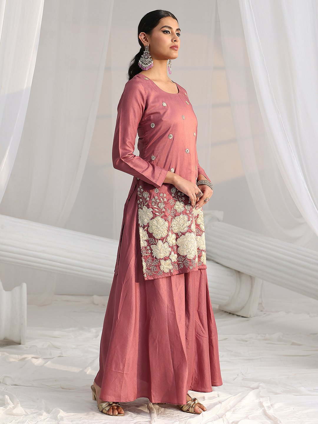 Pink Embroidered Silk Blend Sharara Set with Long Sleeve Kurta and Dupatta