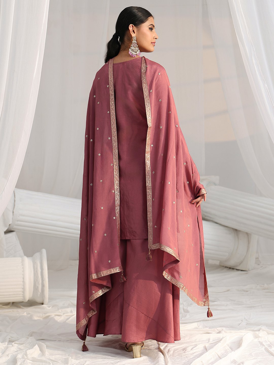 Pink Embroidered Silk Blend Sharara Set with Long Sleeve Kurta and Dupatta