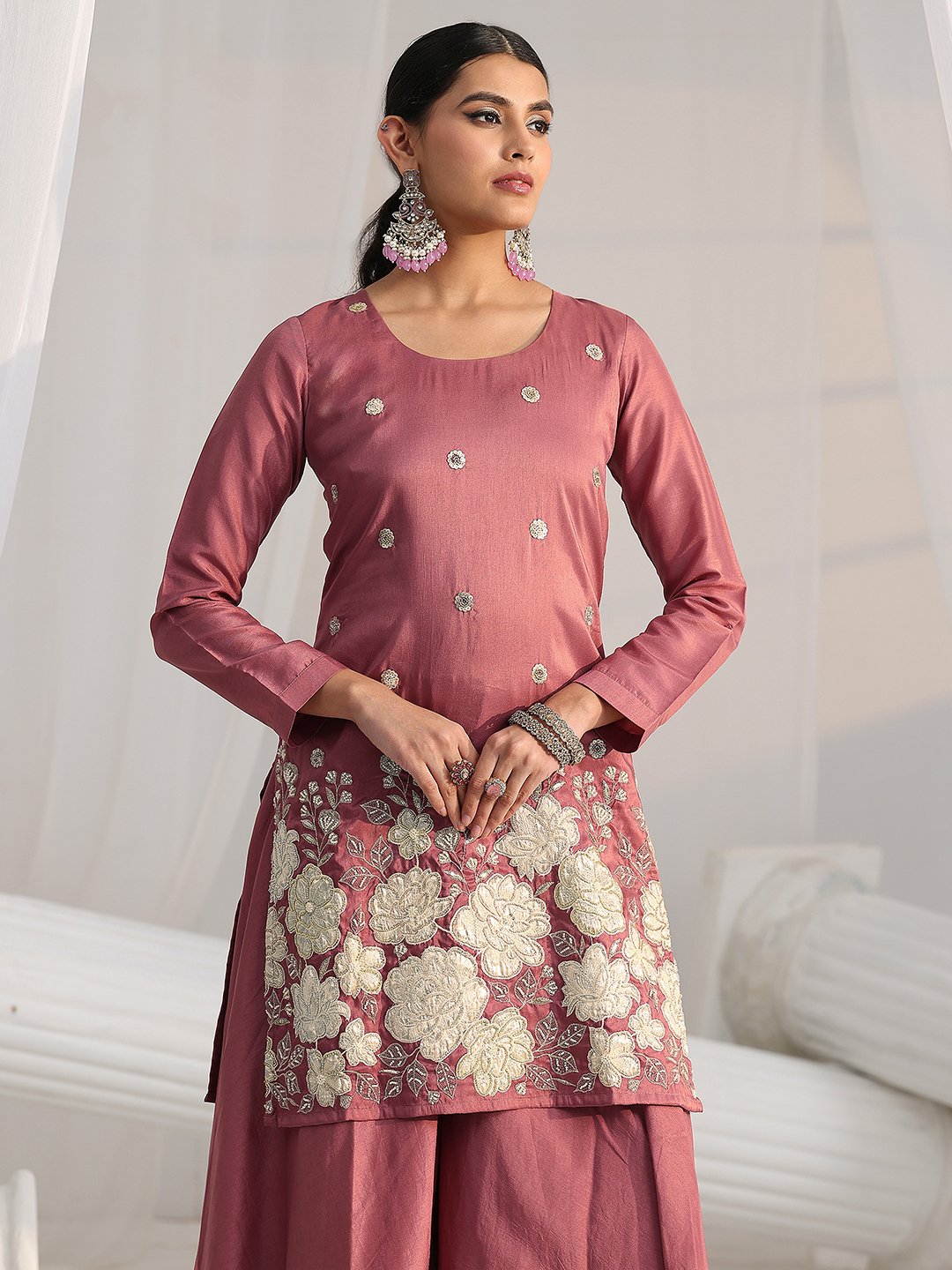 Pink Embroidered Silk Blend Sharara Set with Long Sleeve Kurta and Dupatta