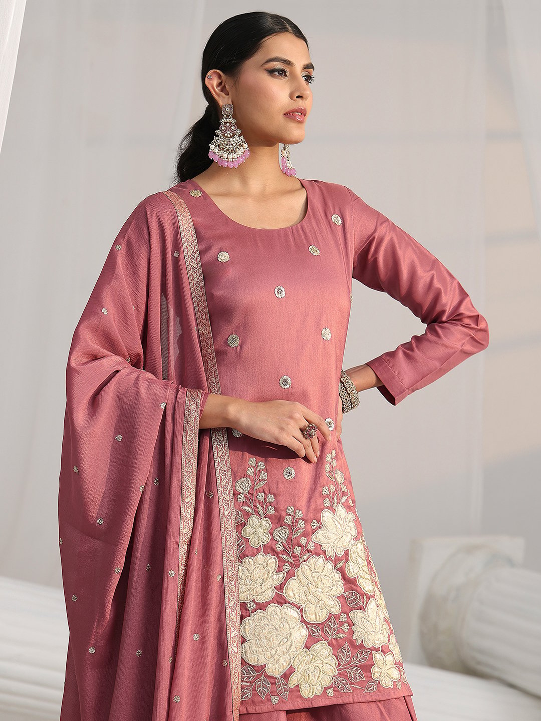 Pink Embroidered Silk Blend Sharara Set with Long Sleeve Kurta and Dupatta