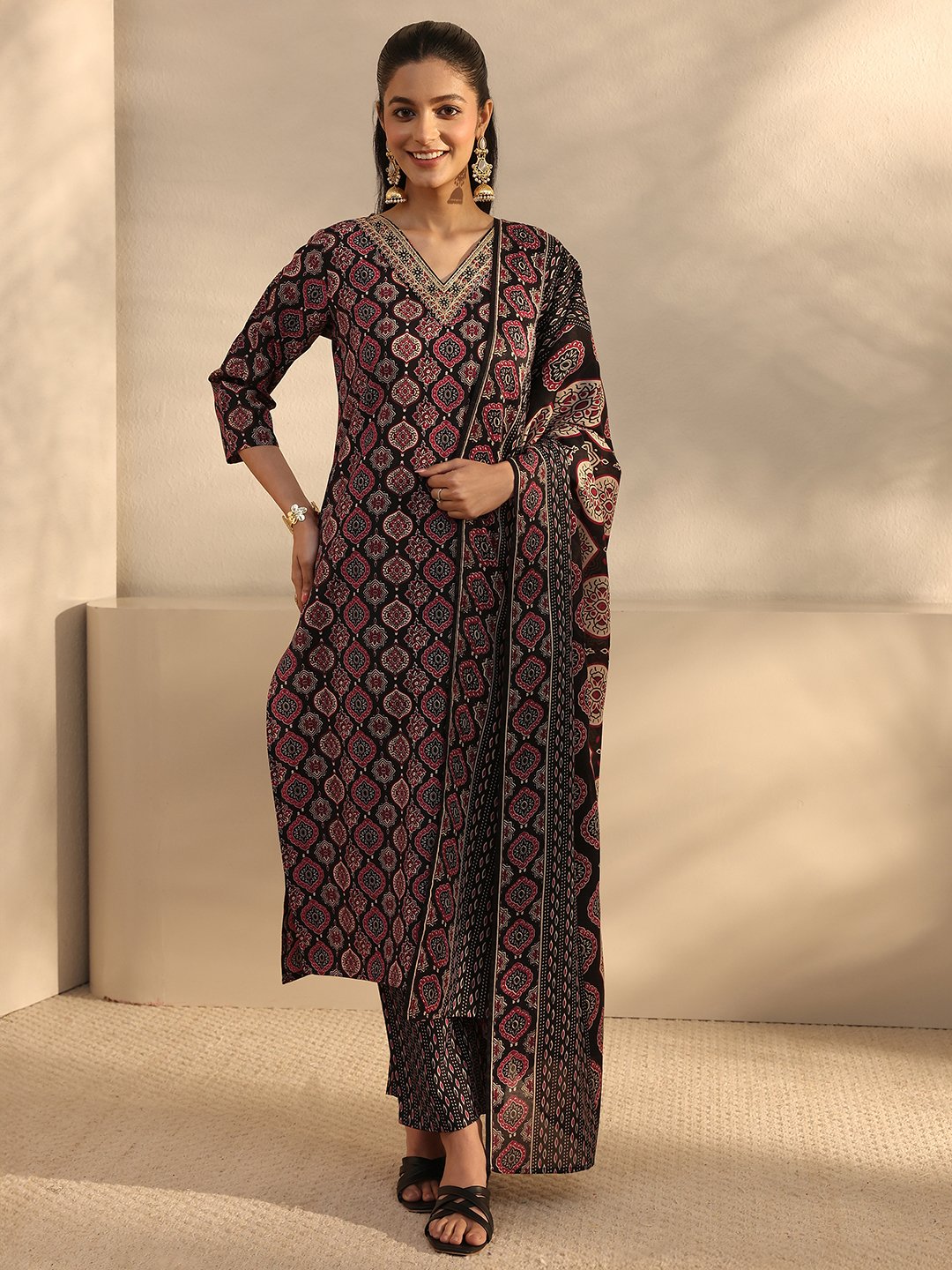 Black Printed Cotton Blend Kurta Set with Trousers and Dupatta