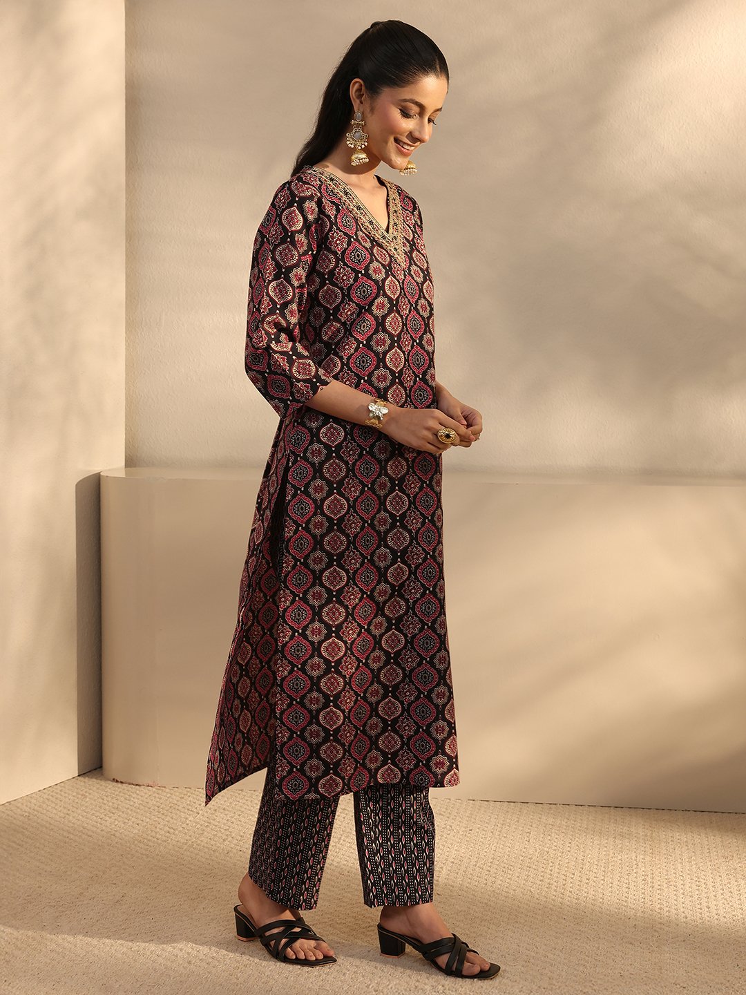 Black Printed Cotton Blend Kurta Set with Trousers and Dupatta