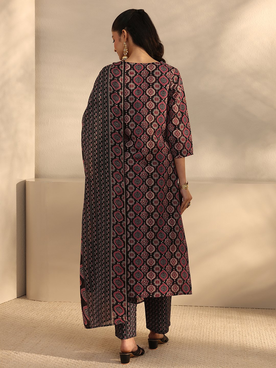 Black Printed Cotton Blend Kurta Set with Trousers and Dupatta