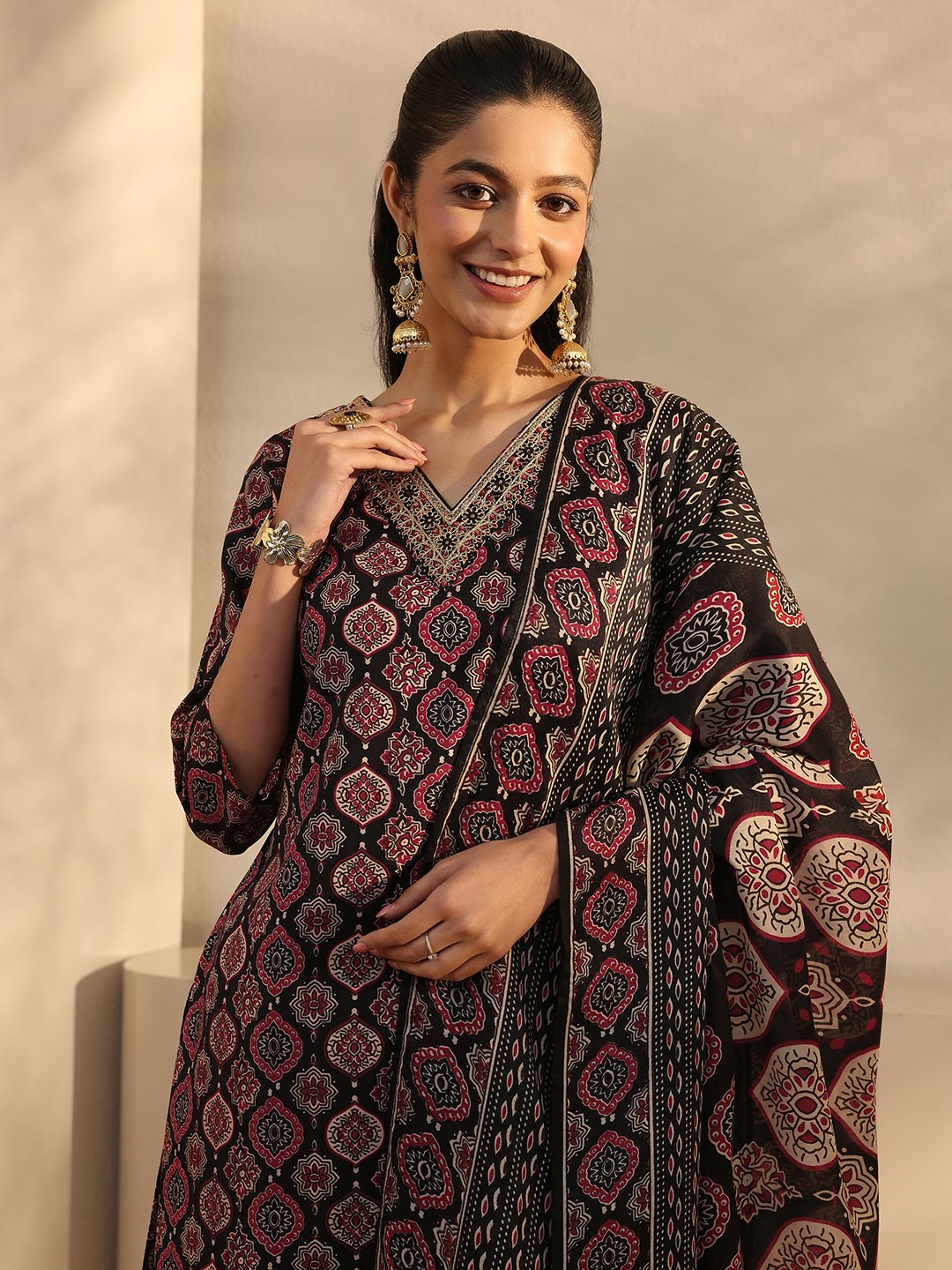 Black Printed Cotton Blend Kurta Set with Trousers and Dupatta