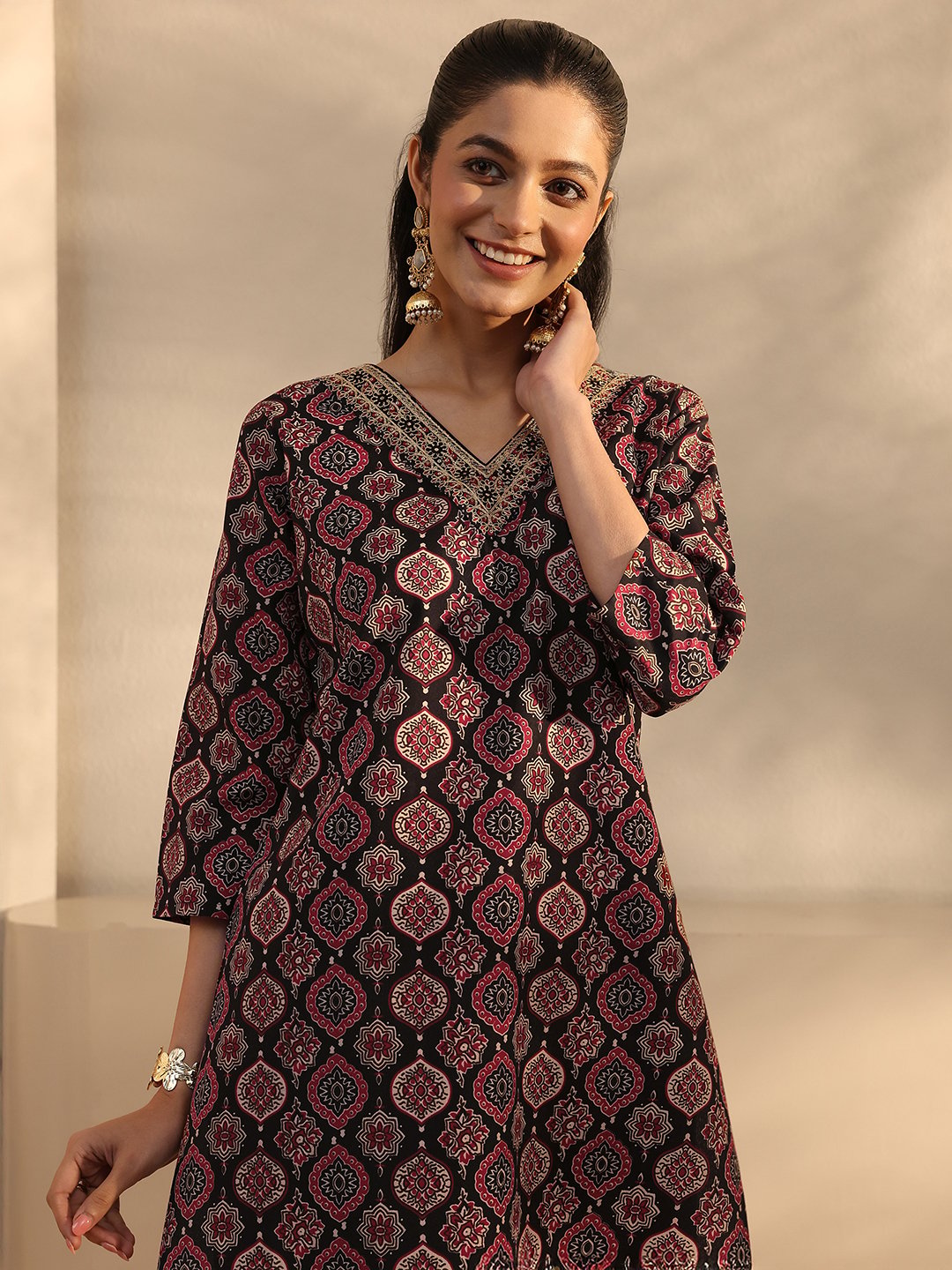 Black Printed Cotton Blend Kurta Set with Trousers and Dupatta