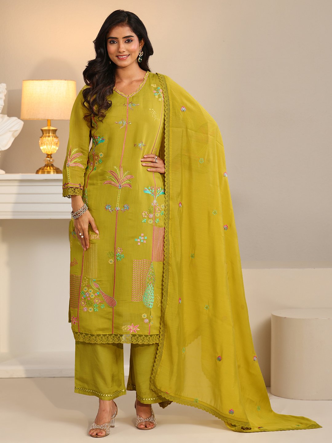 Green Embroidered Cotton Blend Kurta Pants Dupatta Set