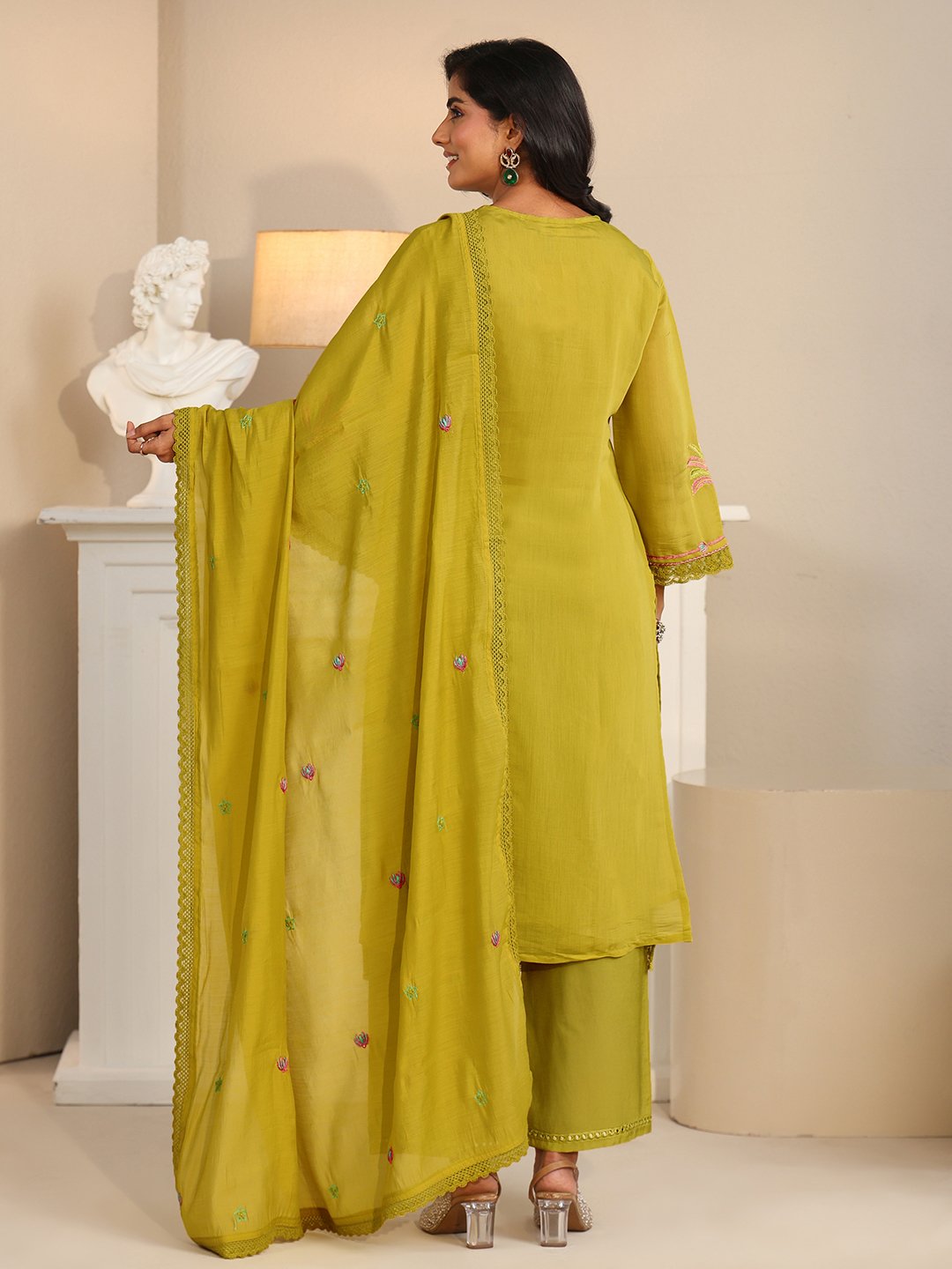 Green Embroidered Cotton Blend Kurta Pants Dupatta Set