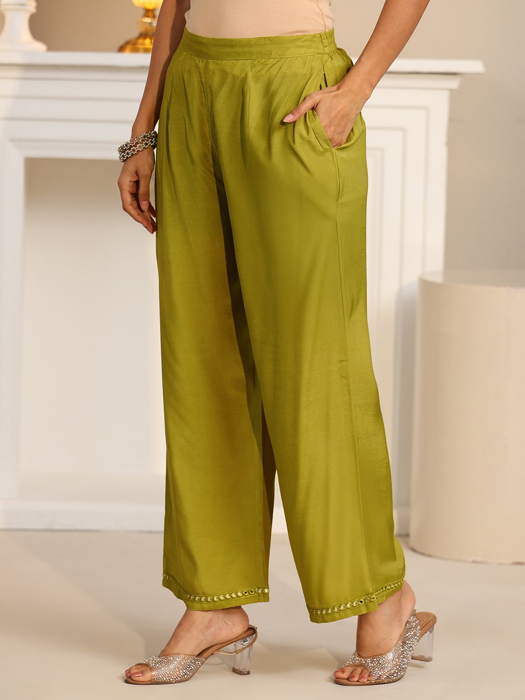 Green Embroidered Cotton Blend Kurta Pants Dupatta Set