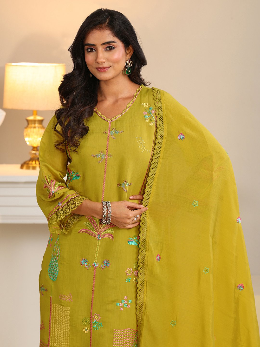 Green Embroidered Cotton Blend Kurta Pants Dupatta Set