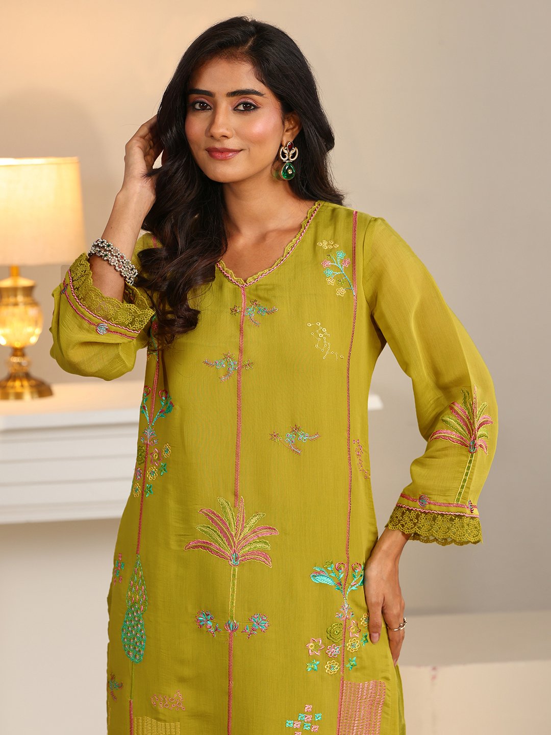 Green Embroidered Cotton Blend Kurta Pants Dupatta Set
