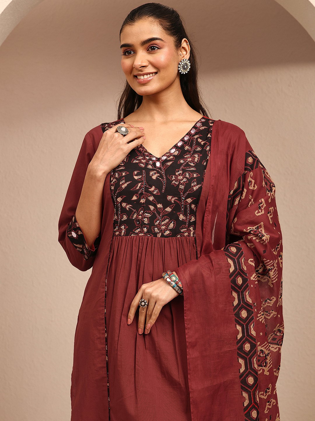 Maroon Floral V-Neck Kurta Set with Dupatta