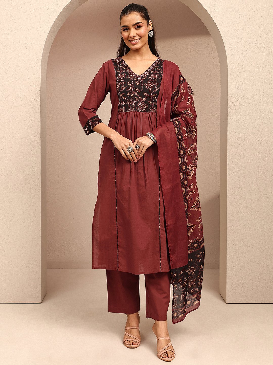 Maroon Floral V-Neck Kurta Set with Dupatta