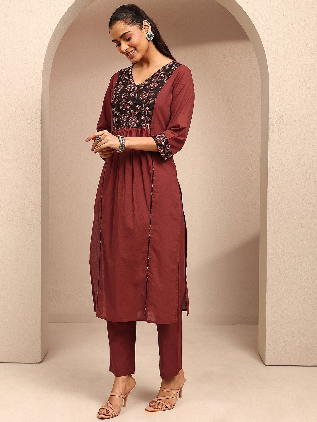 Maroon Floral V-Neck Kurta Set with Dupatta