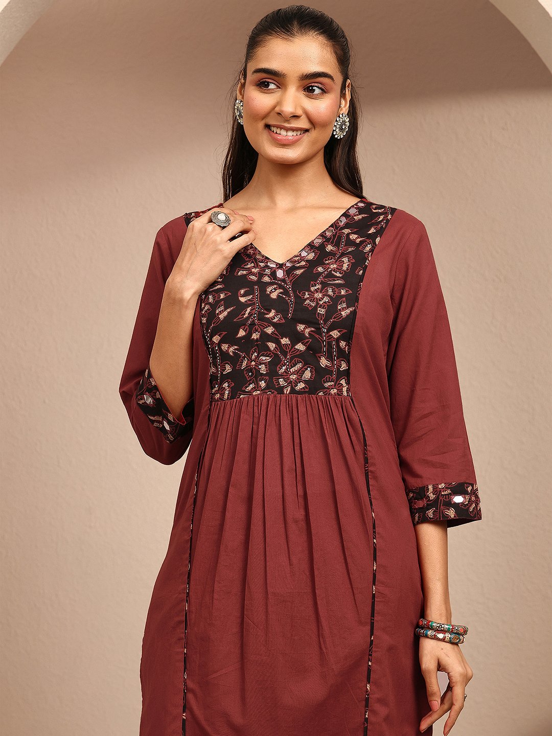 Maroon Floral V-Neck Kurta Set with Dupatta
