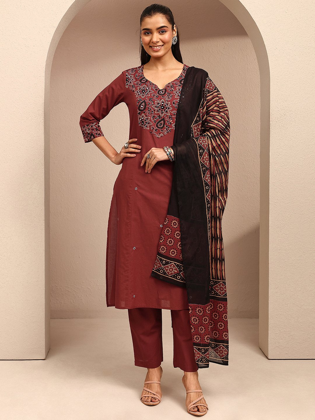 Maroon Embroidered Notch Neck Kurta Set with Straight Pants and Dupatta