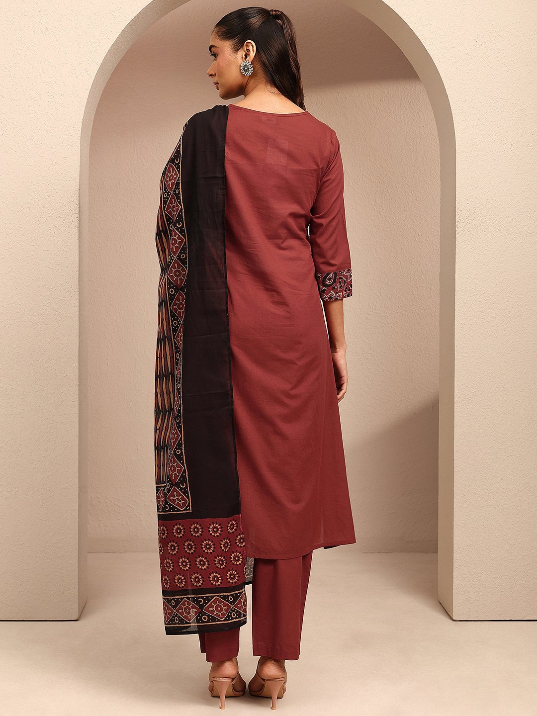 Maroon Embroidered Notch Neck Kurta Set with Straight Pants and Dupatta