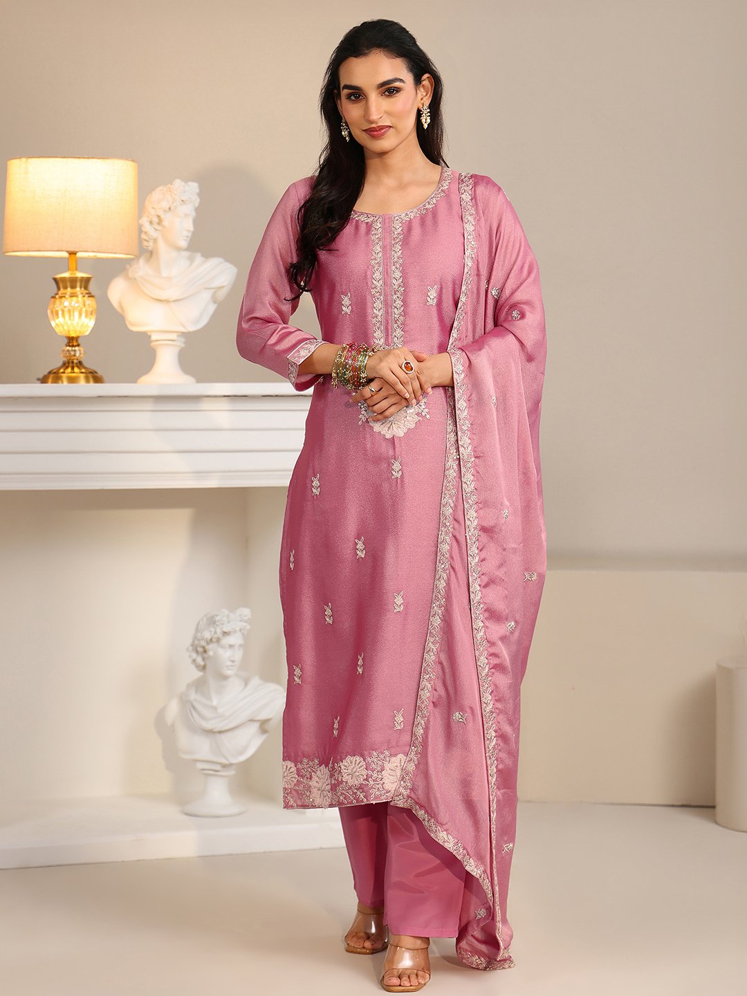 Pink Embroidered Silk Blend Kurta Set with Dupatta